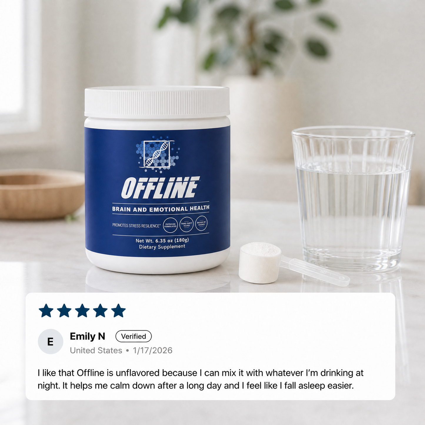 Offline supplement container on a table with a glass of water and a pill, with a five-star review displayed.