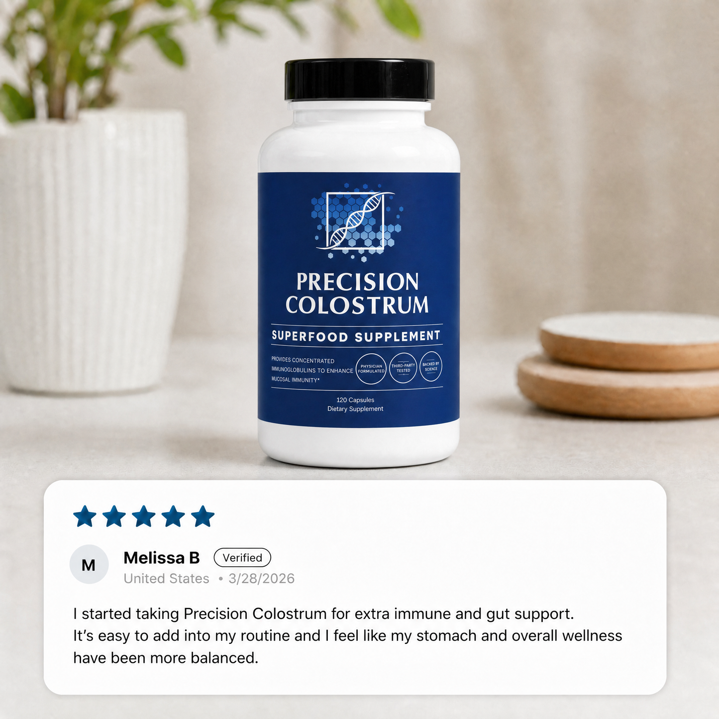 Precision Colostrum supplement bottle with a customer review on a neutral background