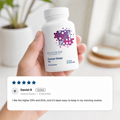 Hand holding a Bluegrass Supplements Precision Omega Pro bottle with a five-star rating from Daniel R.