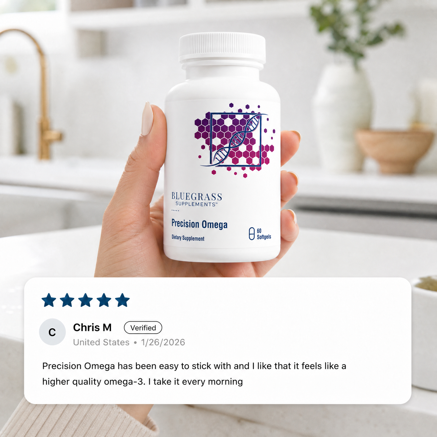 Hand holding a bottle of Bluegrass Supplements Precision Omega with a product review overlay.