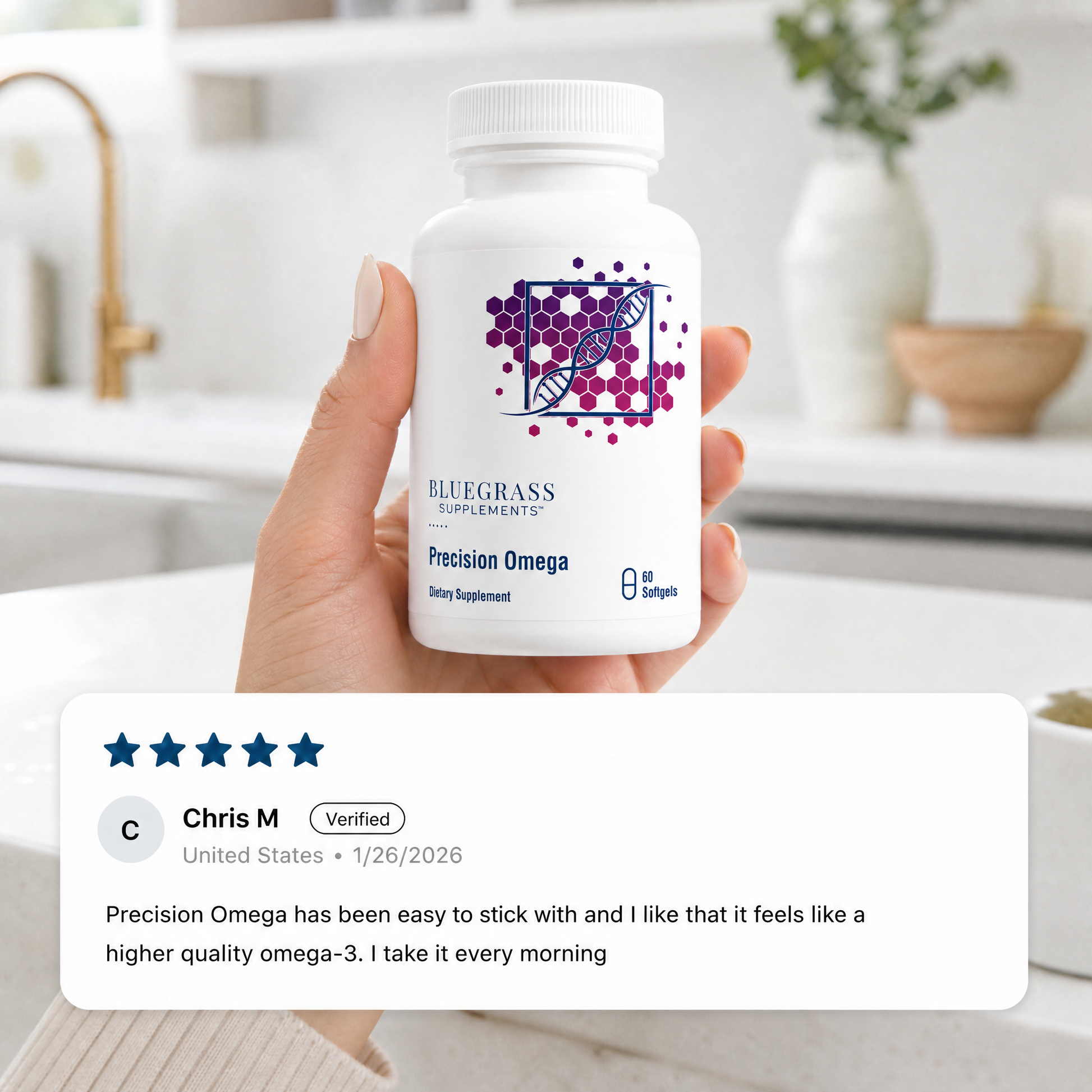 Hand holding a bottle of Bluegrass Supplements Precision Omega with a product review overlay.