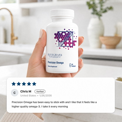 Hand holding a bottle of Bluegrass Supplements Precision Omega with a product review overlay.