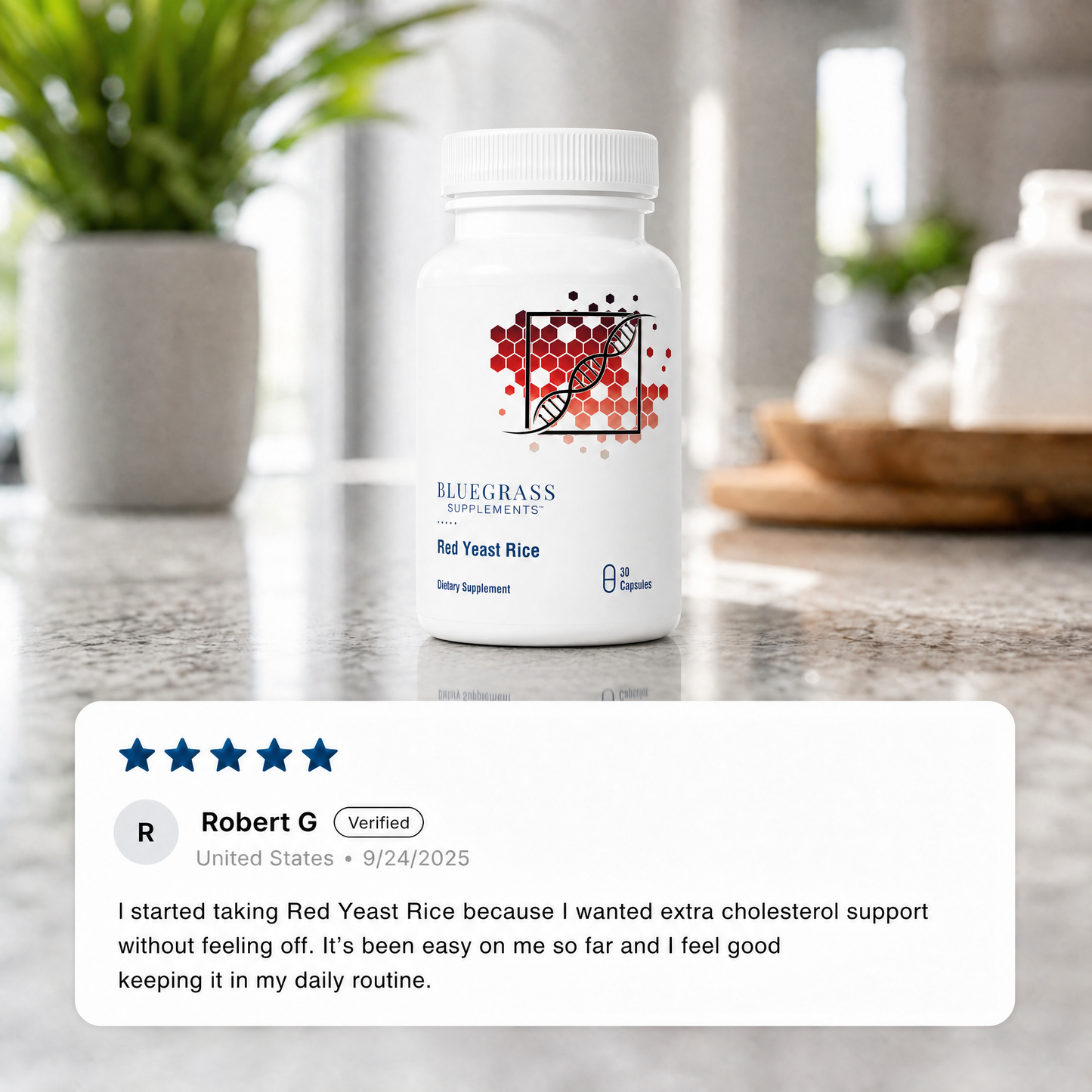 White supplement bottle with red label on a kitchen counter, featuring a five-star review.