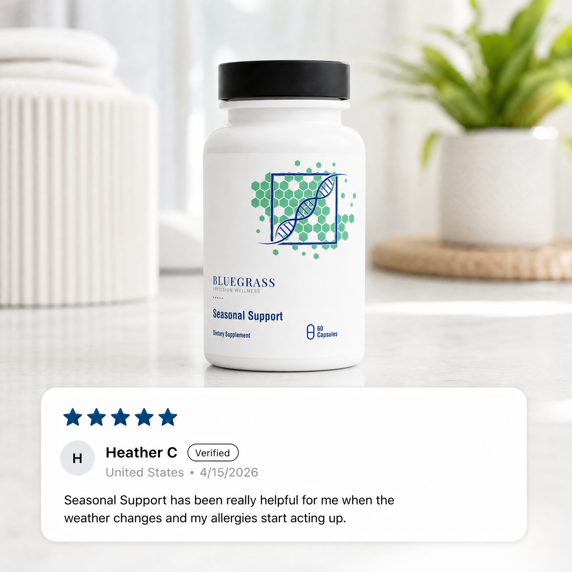 Supplement bottle with Bluegrass supplement label on a white surface with a blurred background