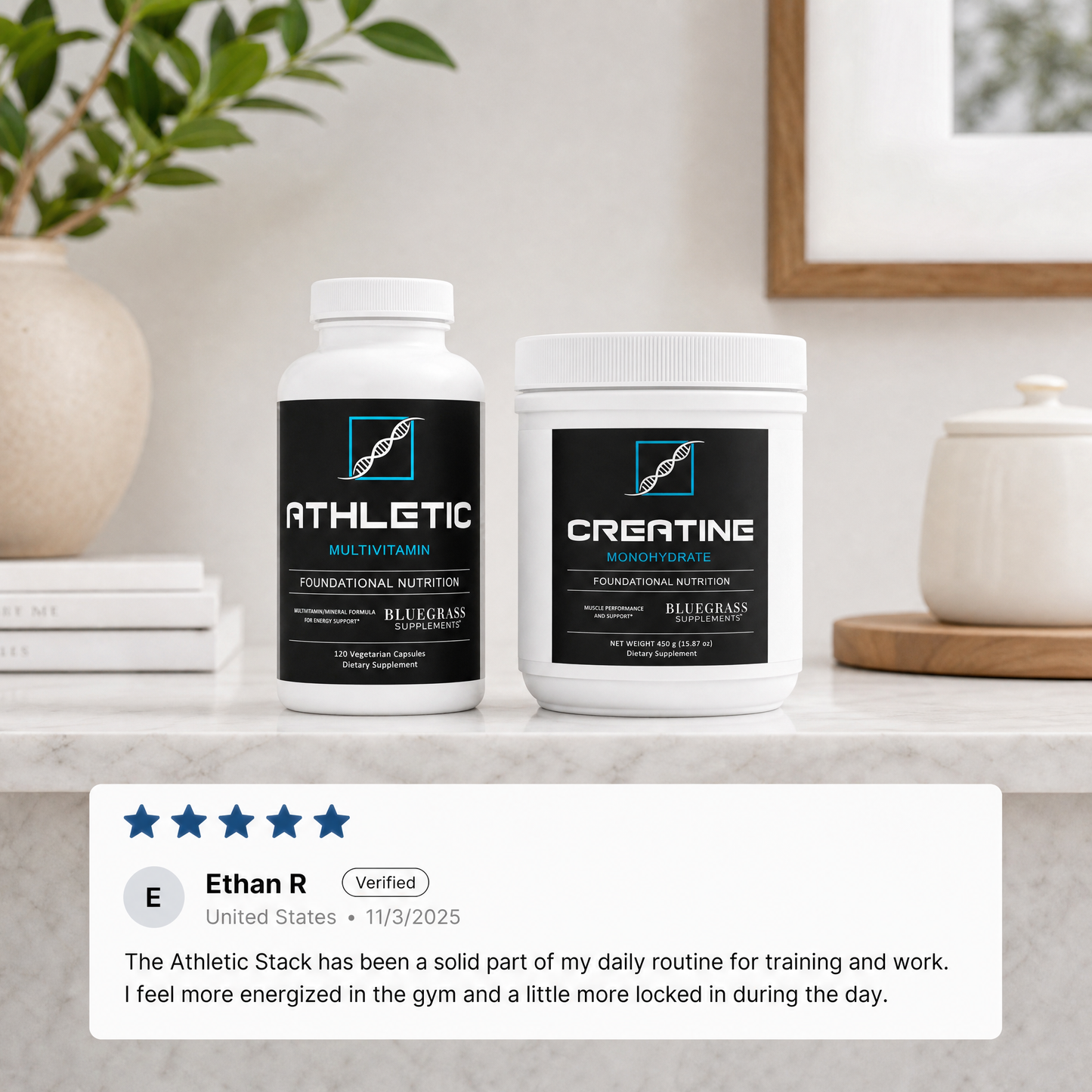 Two supplement containers on a shelf with a customer review displayed below.