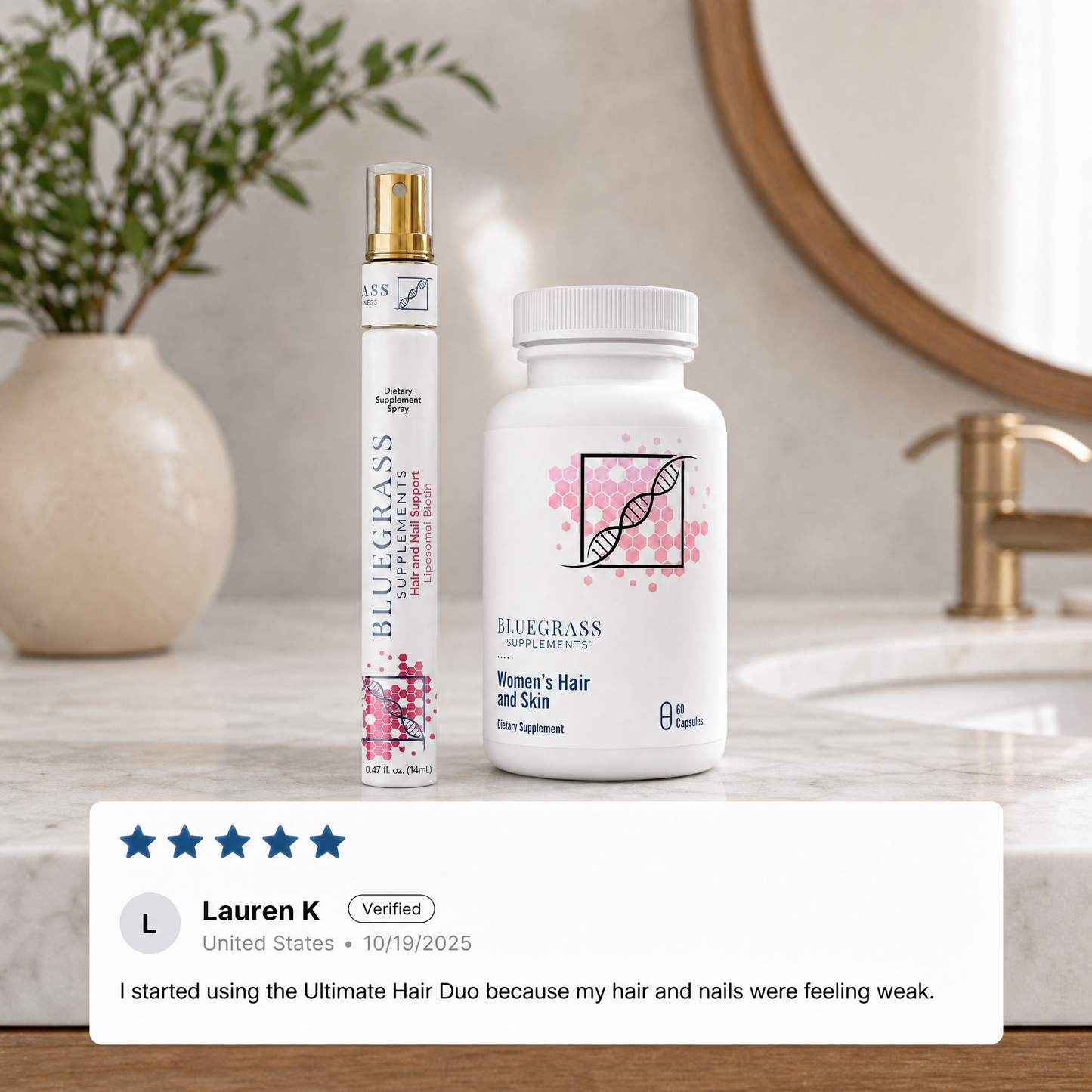 Two supplement bottles on a bathroom counter with a review card below.