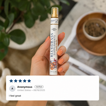 Hand holding a Bluegrass Supplements bottle with a five-star review displayed.