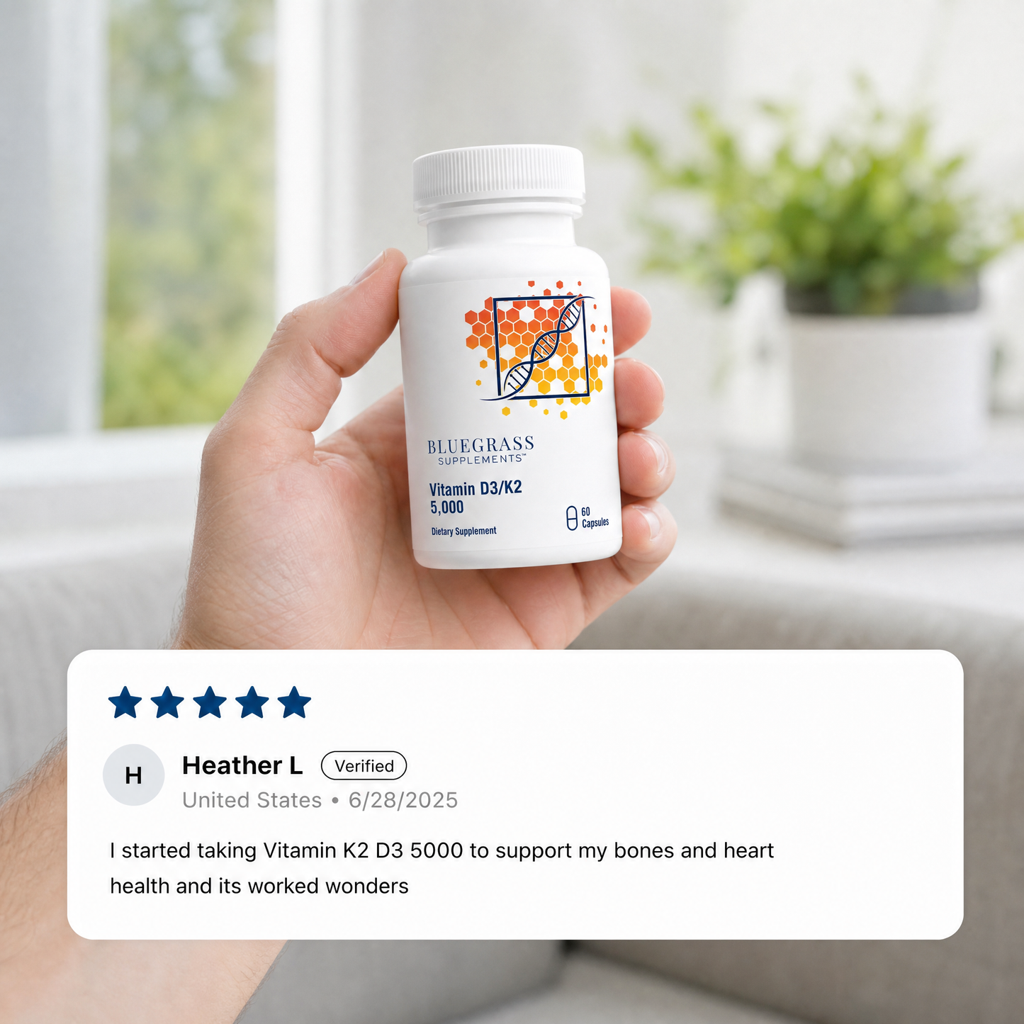 Hand holding a Bluegrass Supplements vitamin bottle with a five-star review displayed below.