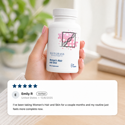 Hand holding a supplement bottle with a product review overlay