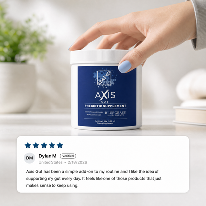 Hand holding a supplement container labeled 'Axis Gut' with a five-star review displayed below.