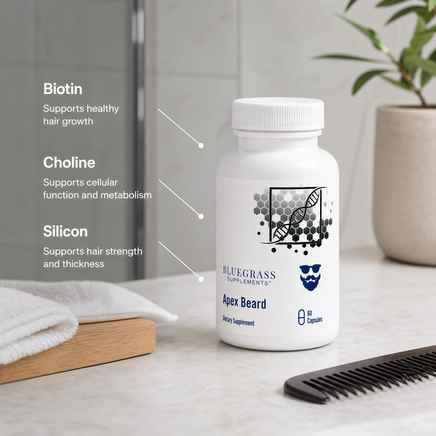 Bluegrass Supplements Apex Beard supplement bottle on a bathroom counter with text about ingredients.