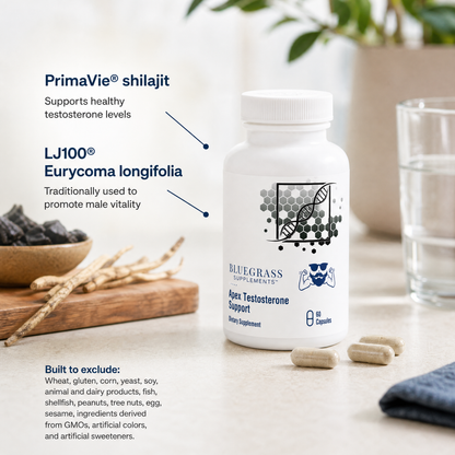 Bluegrass Supplements Apex Testosterone Support bottle with shilajit and Eurycoma longifolia on a light surface.