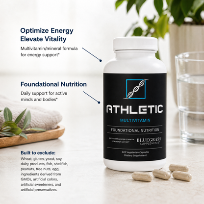 Athletic Multivitamin bottle with supplement capsules on a light surface