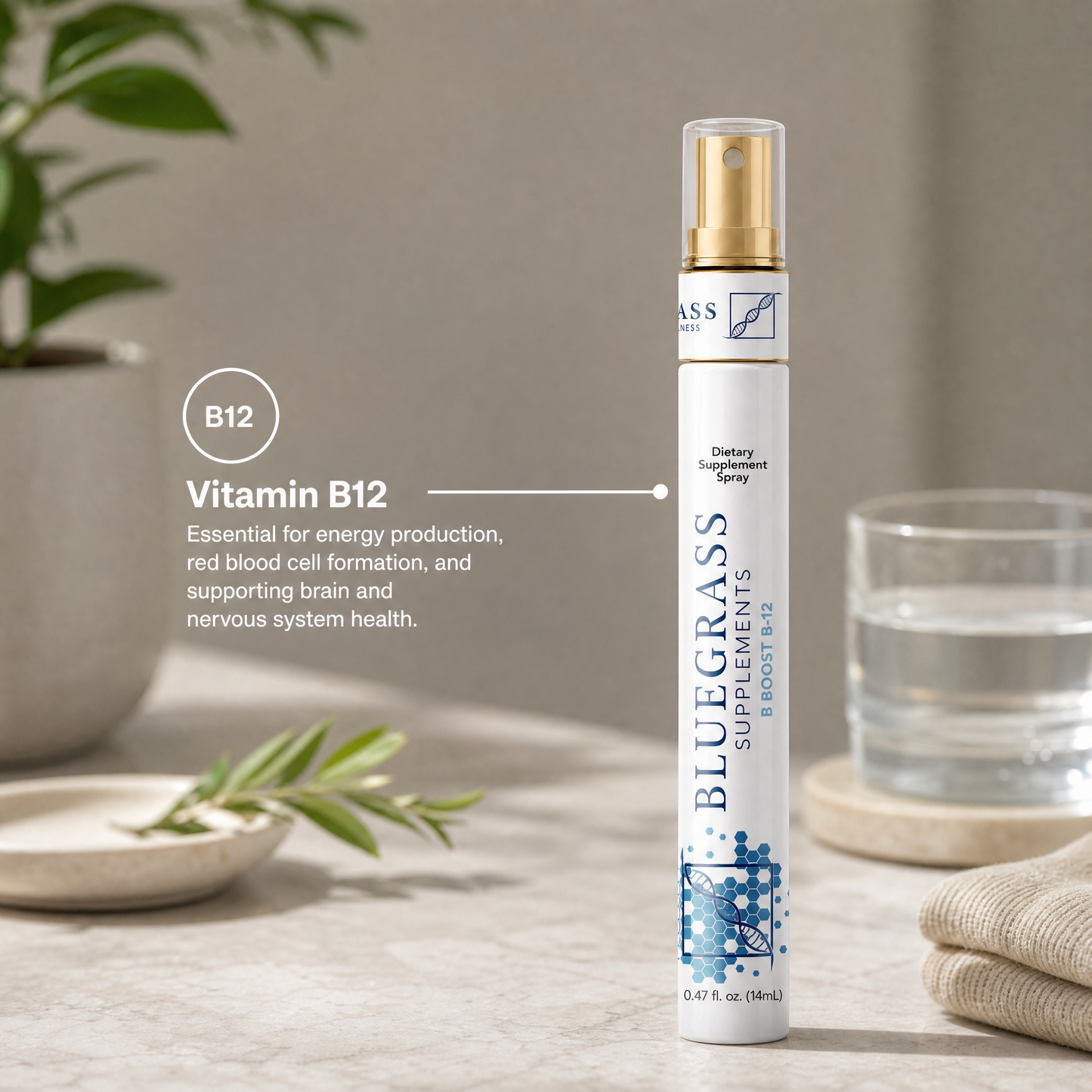 Bluegrass Supplements vitamin B12 spray bottle on a neutral background with text about vitamin B12.