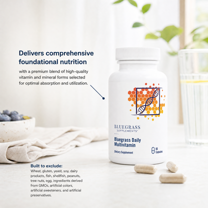 Bluegrass Supplements Daily Multivitamin bottle with text about comprehensive foundational nutrition on a light background.