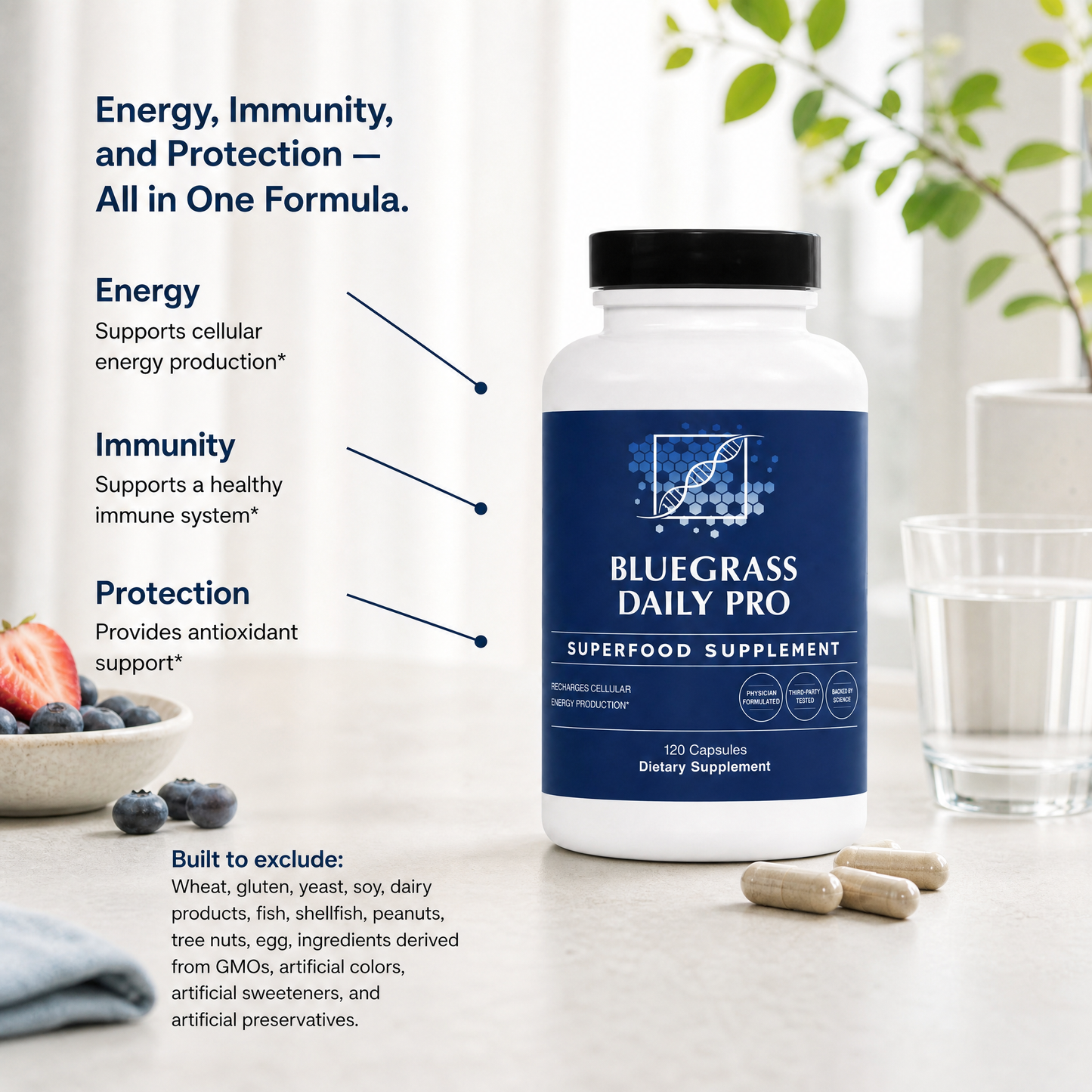 Bluegrass Daily Pro supplement bottle on a table with text about energy, immunity, and protection.