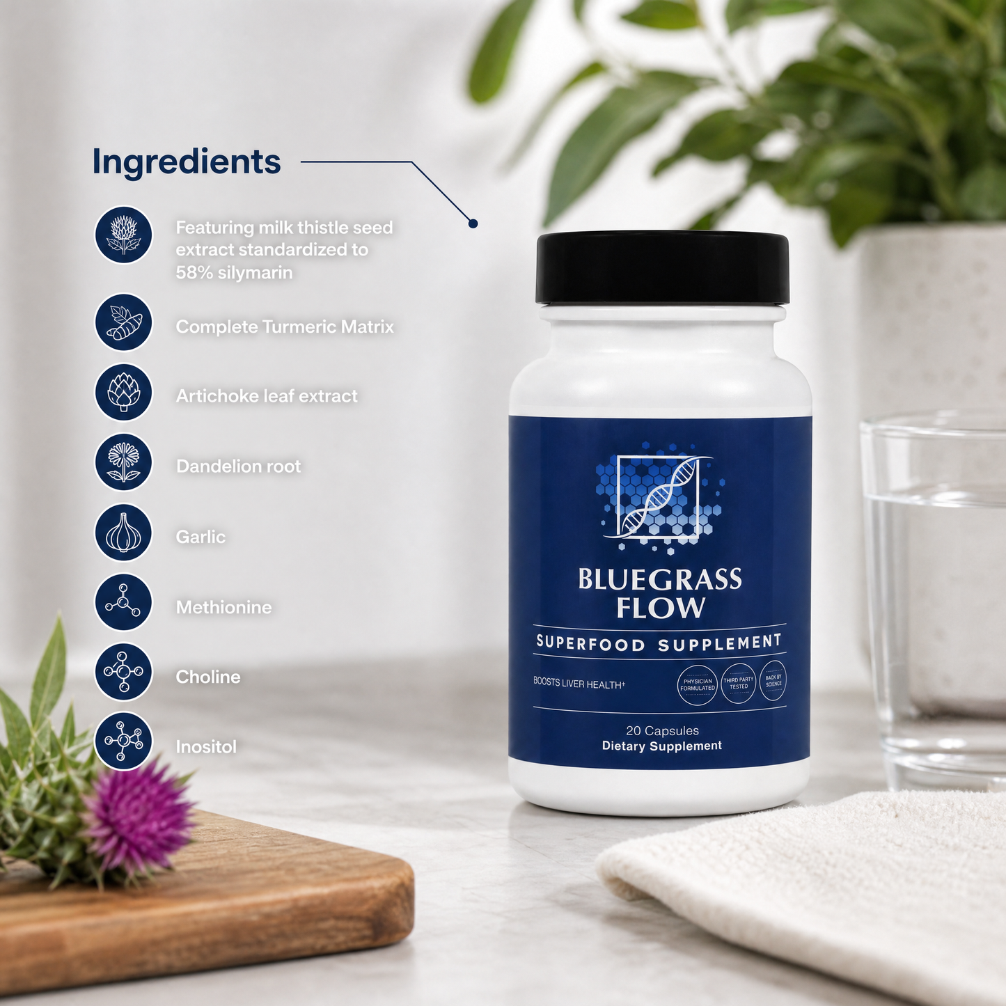 Bluegrass Flow superfood supplement bottle with ingredients listed on a neutral background
