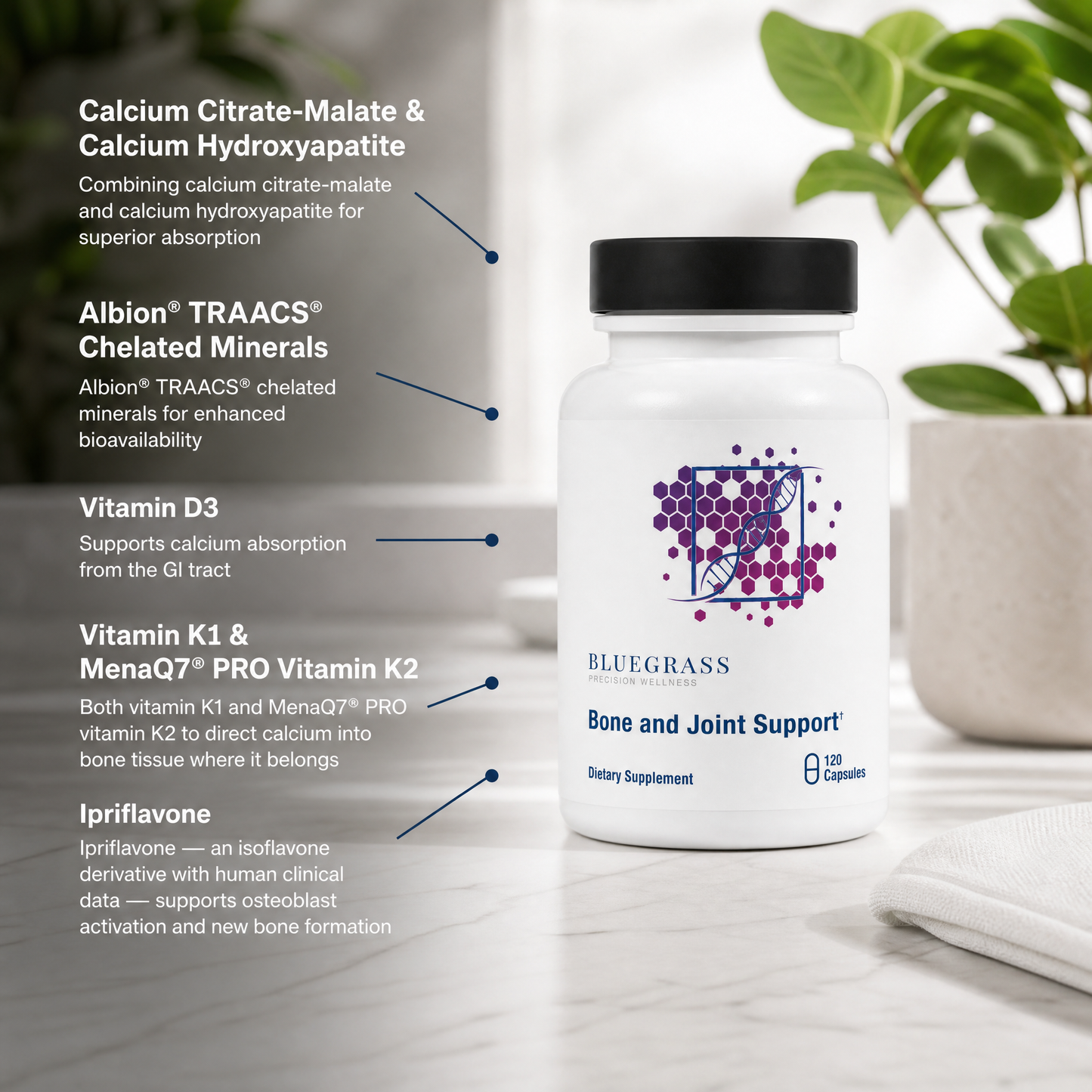 Supplement bottle with label detailing ingredients on a neutral background