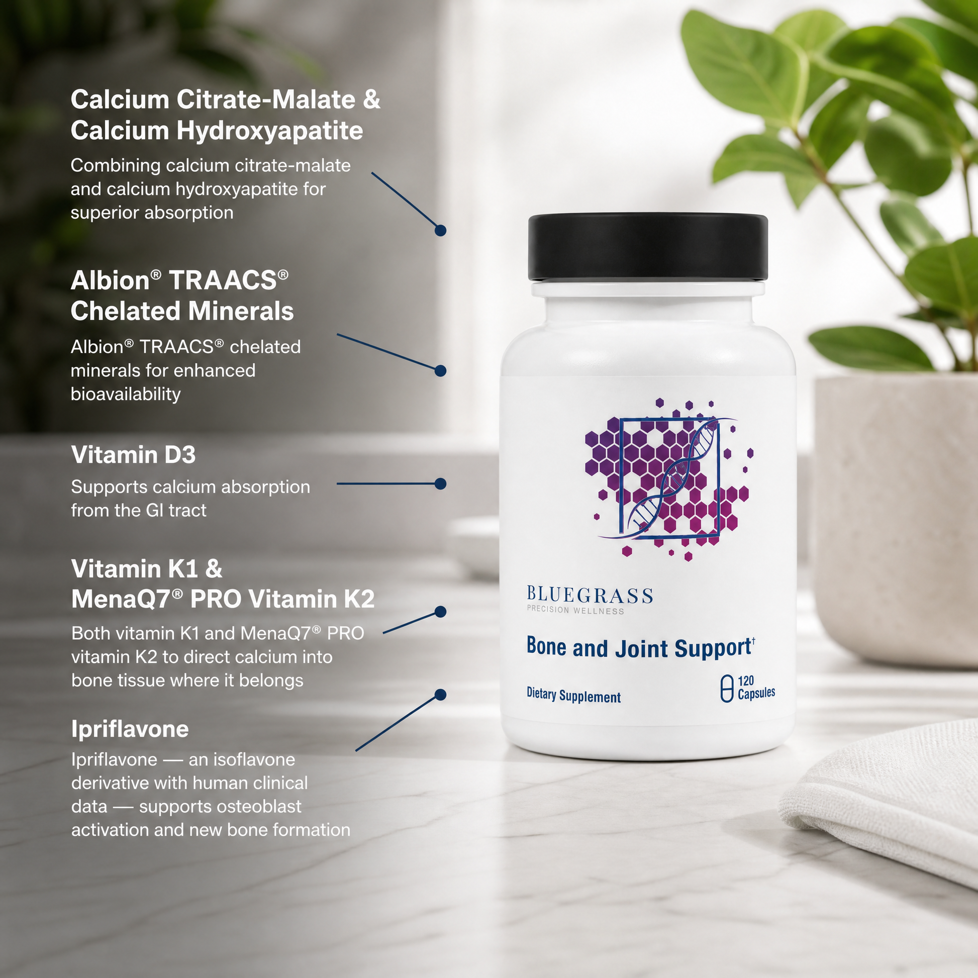 Supplement bottle with label detailing ingredients on a neutral background
