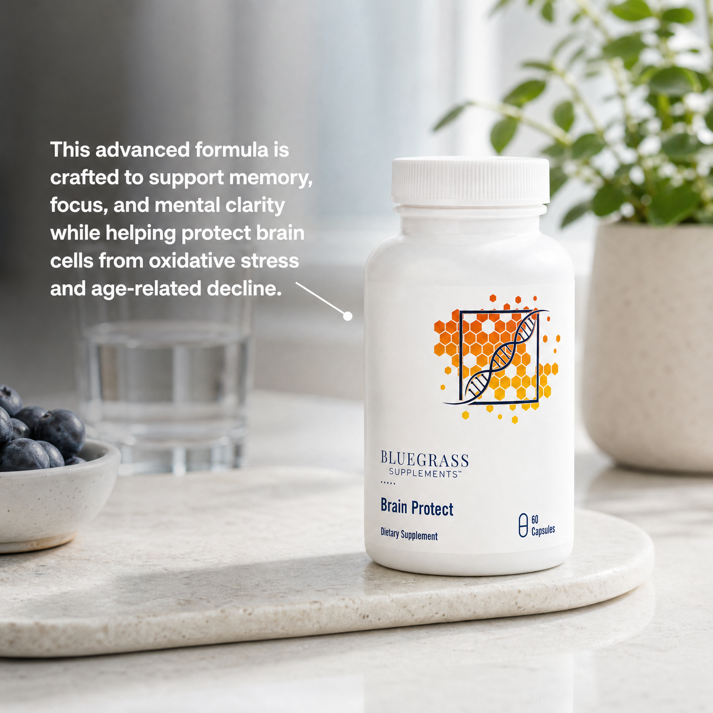 Bluegrass Supplements Brain Protect bottle on a marble surface with text about supplement benefits.