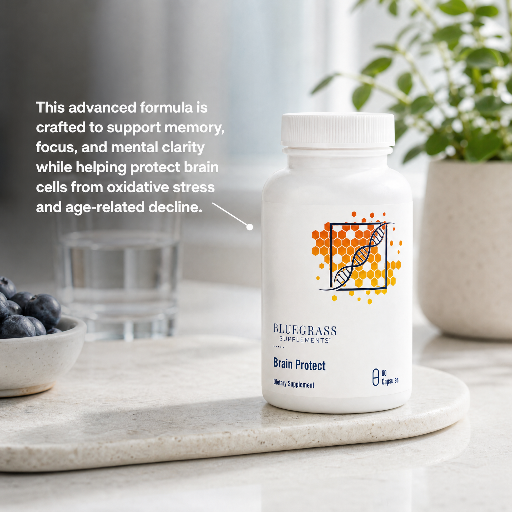 Bluegrass Supplements Brain Protect bottle on a marble surface with text about supplement benefits.