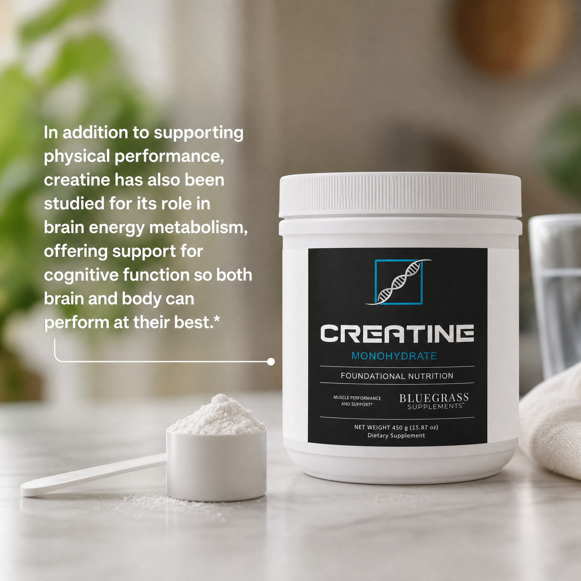 Creatine supplement container with powder on a table, blurred background