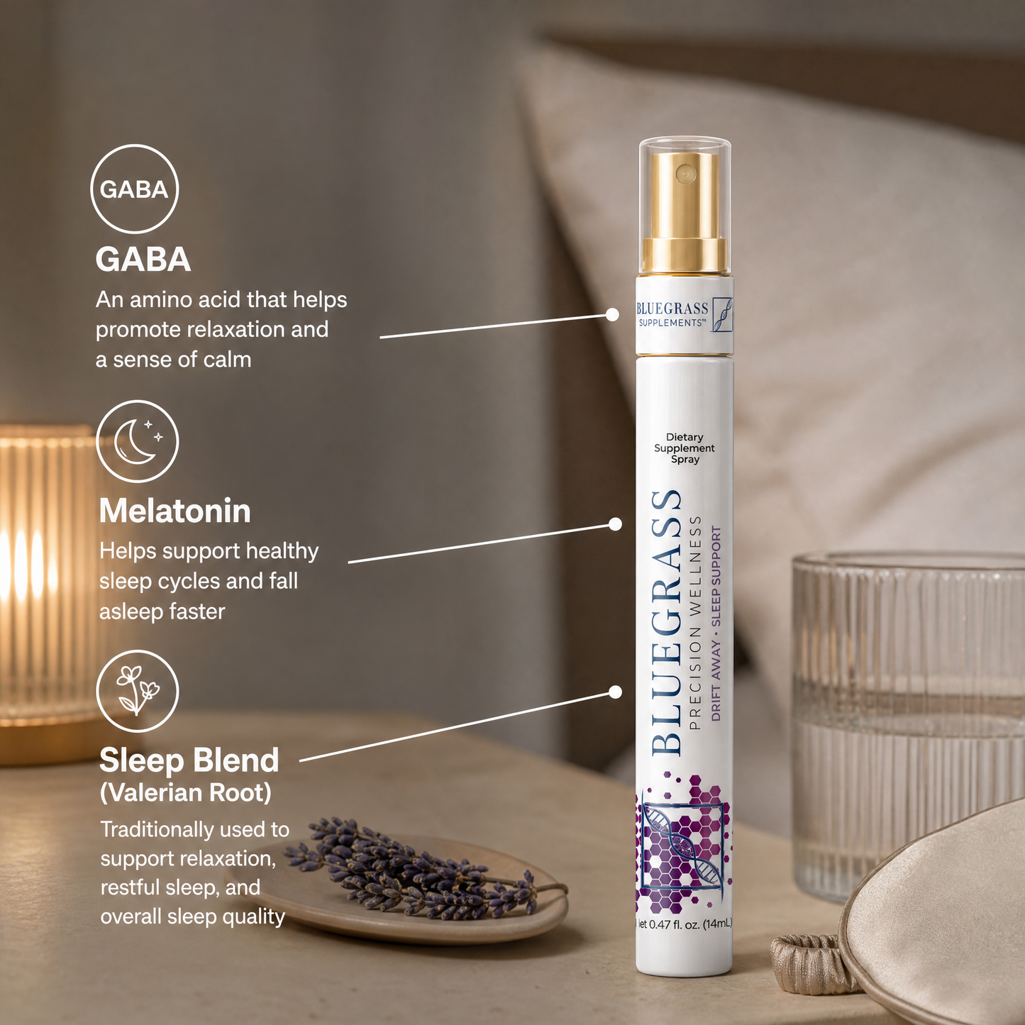 Bluegrass Precision Wellness Drift Away sleep support spray beside lavender and water, with ingredient callouts for GABA, melatonin, and valerian root benefits.