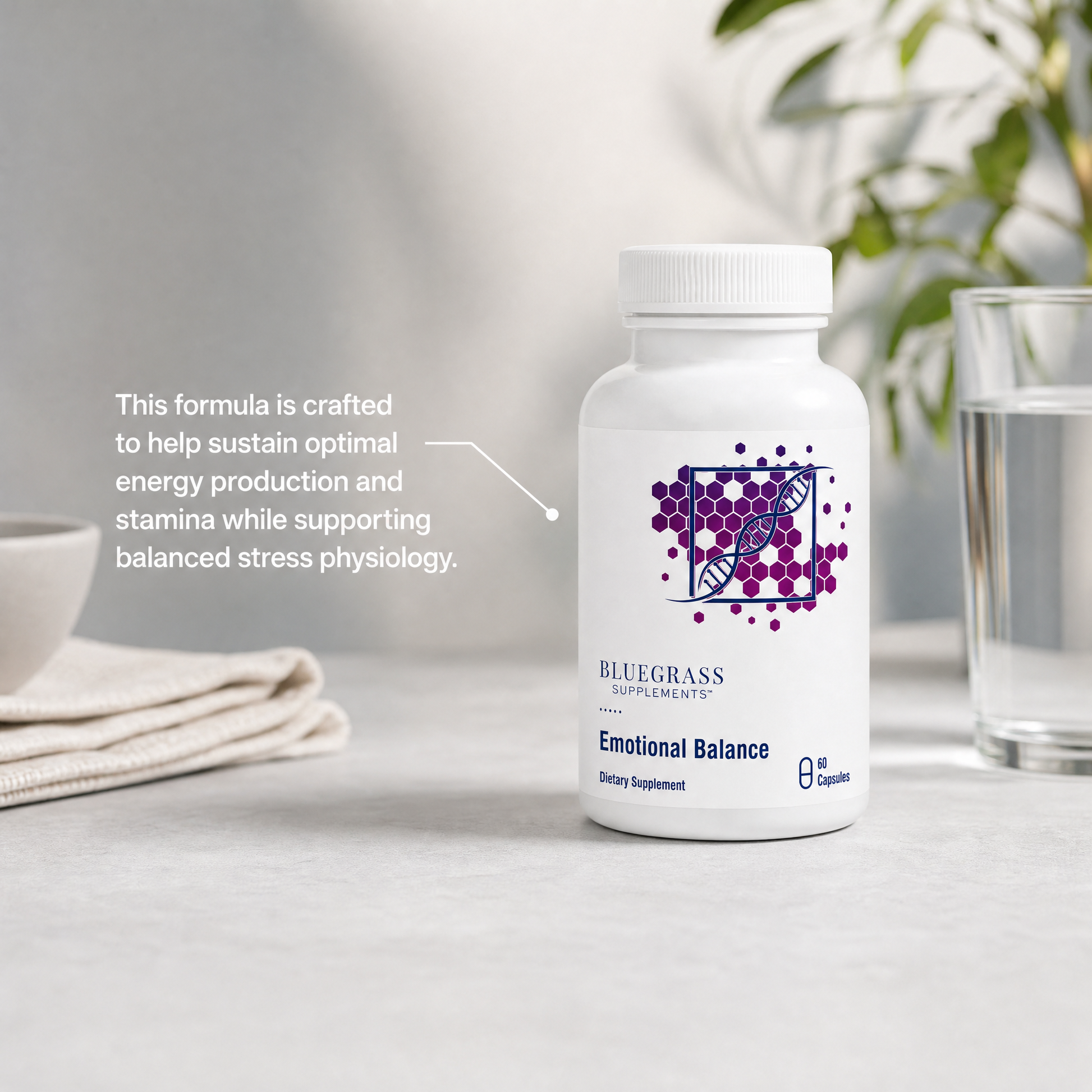 Supplement bottle labeled 'Emotional Balance' by Bluegrass Supplements on a table with text about supplement benefits.