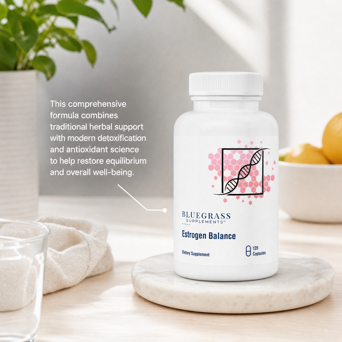 Supplement bottle labeled 'Bluegrass Supplements Estrogen Balance' on a marble surface with text about supplement benefits.