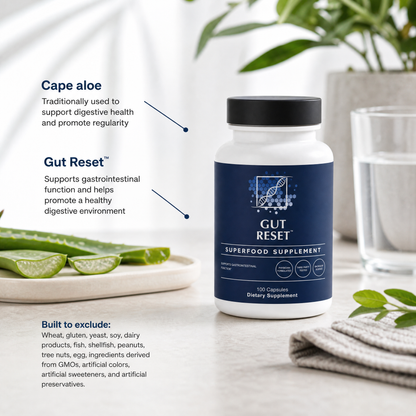 Gut Reset supplement bottle with aloe vera and water on a table