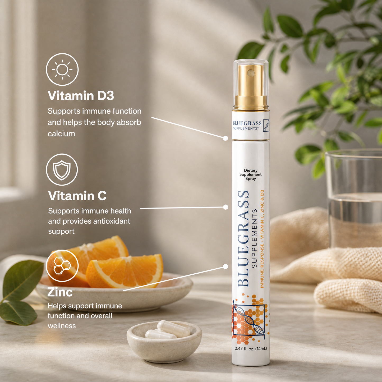 Bluegrass vitamin supplement bottle with nutritional information on a neutral background