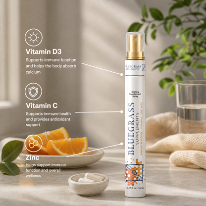 Bluegrass vitamin supplement bottle with nutritional information on a neutral background