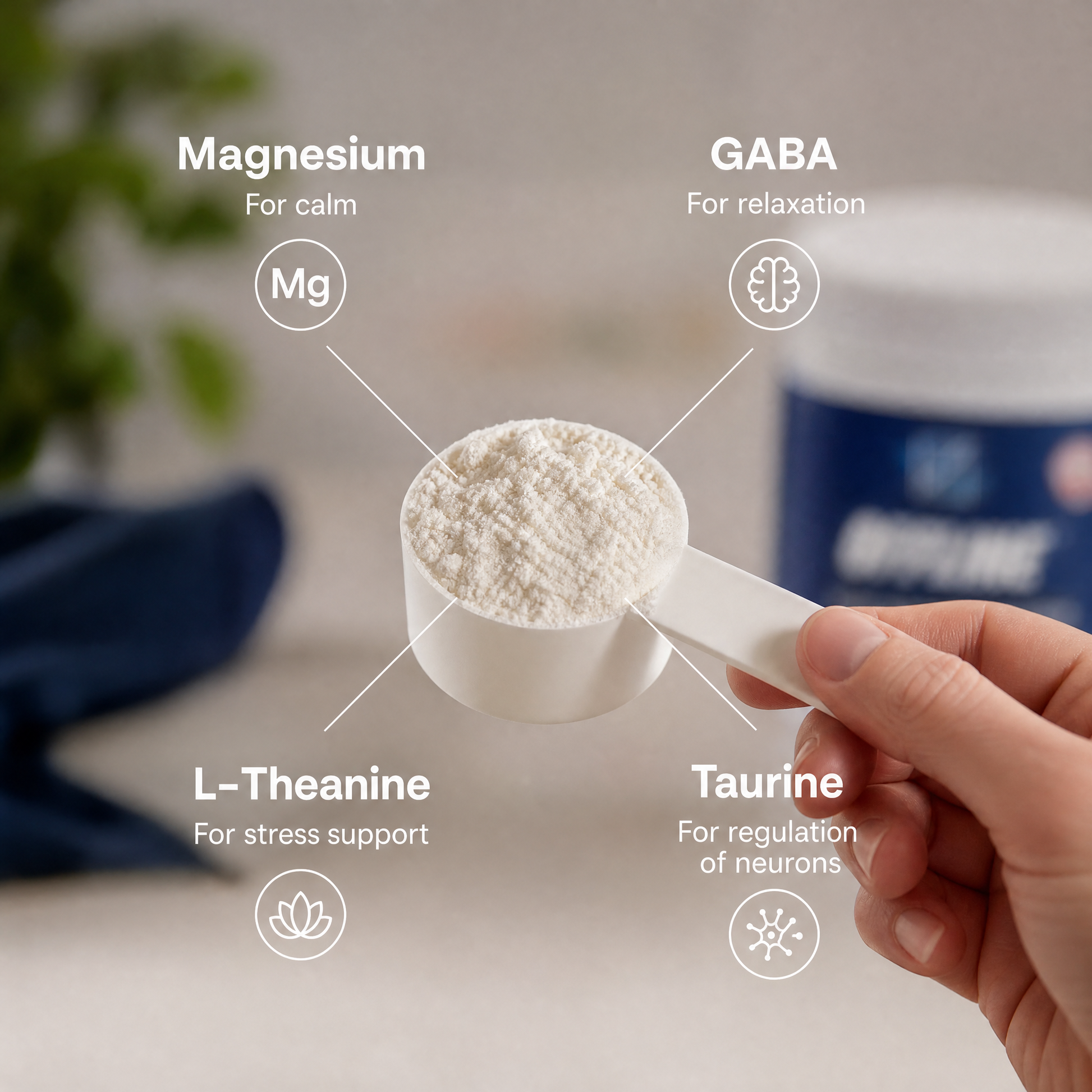 Hand holding a scoop of powder with labeled benefits on a blurred background