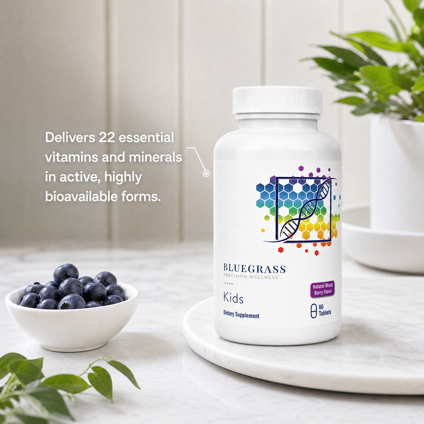 Supplement bottle labeled 'Bluegrass' with a bowl of blueberries on a light surface.