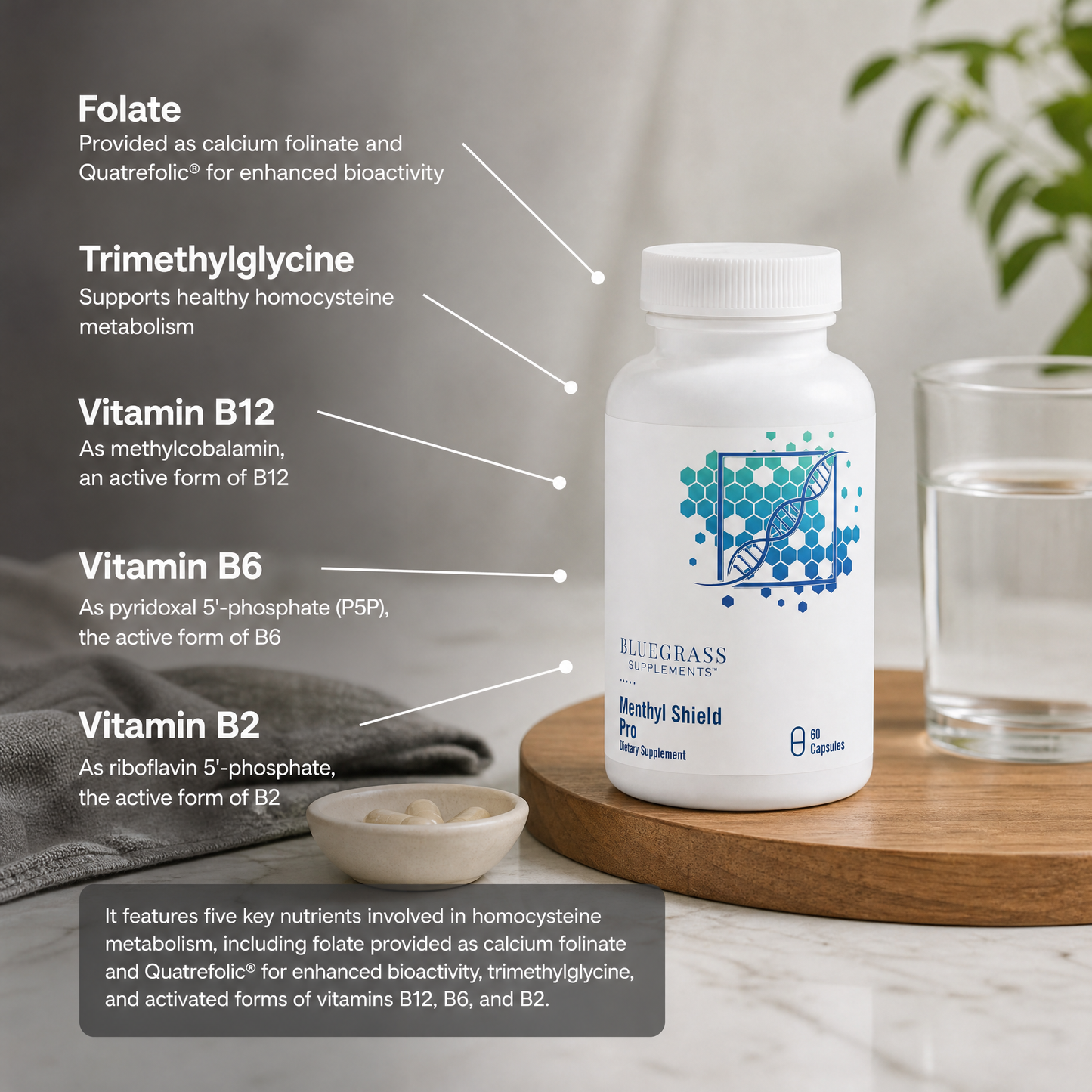Supplement bottle labeled 'Bluegrass' with nutritional information on a neutral background