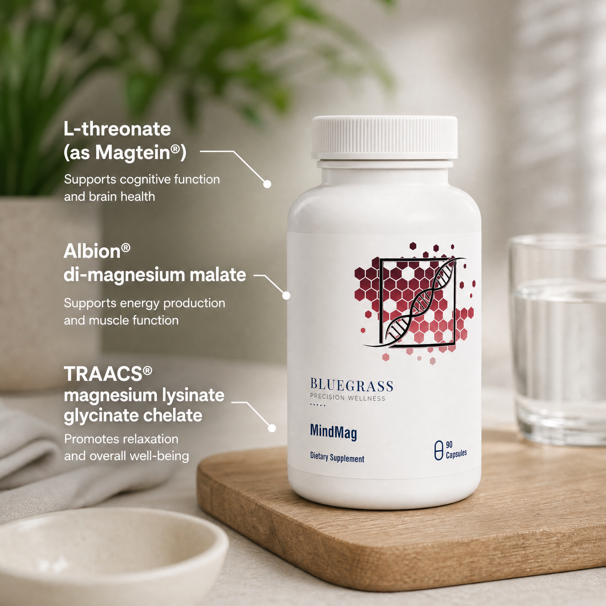 Supplement bottle labeled 'Bluegrass' on a wooden cutting board with text detailing ingredients and benefits.