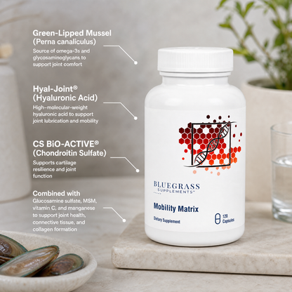 Supplement bottle labeled 'Bluegrass Supplements Mobility Matrix' on a neutral background with text about ingredients.