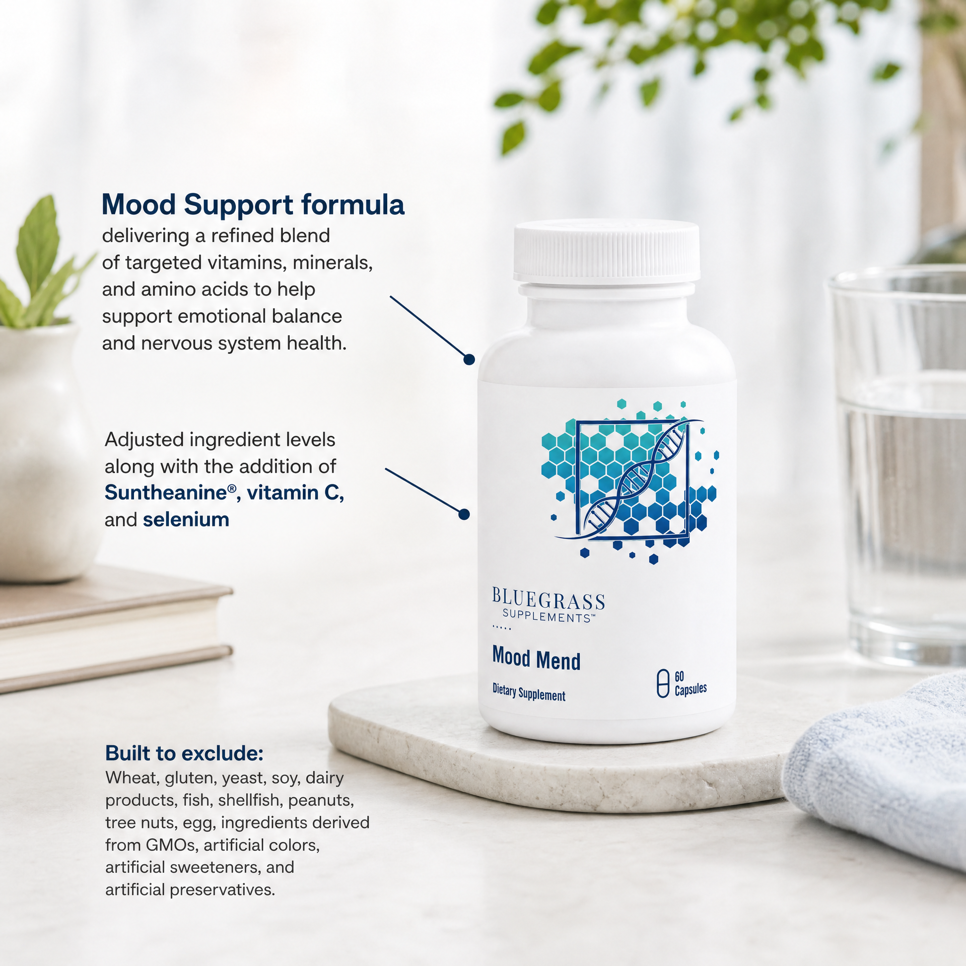 Bluegrass Supplements Mood Mend bottle on a white surface with text about mood support formula.