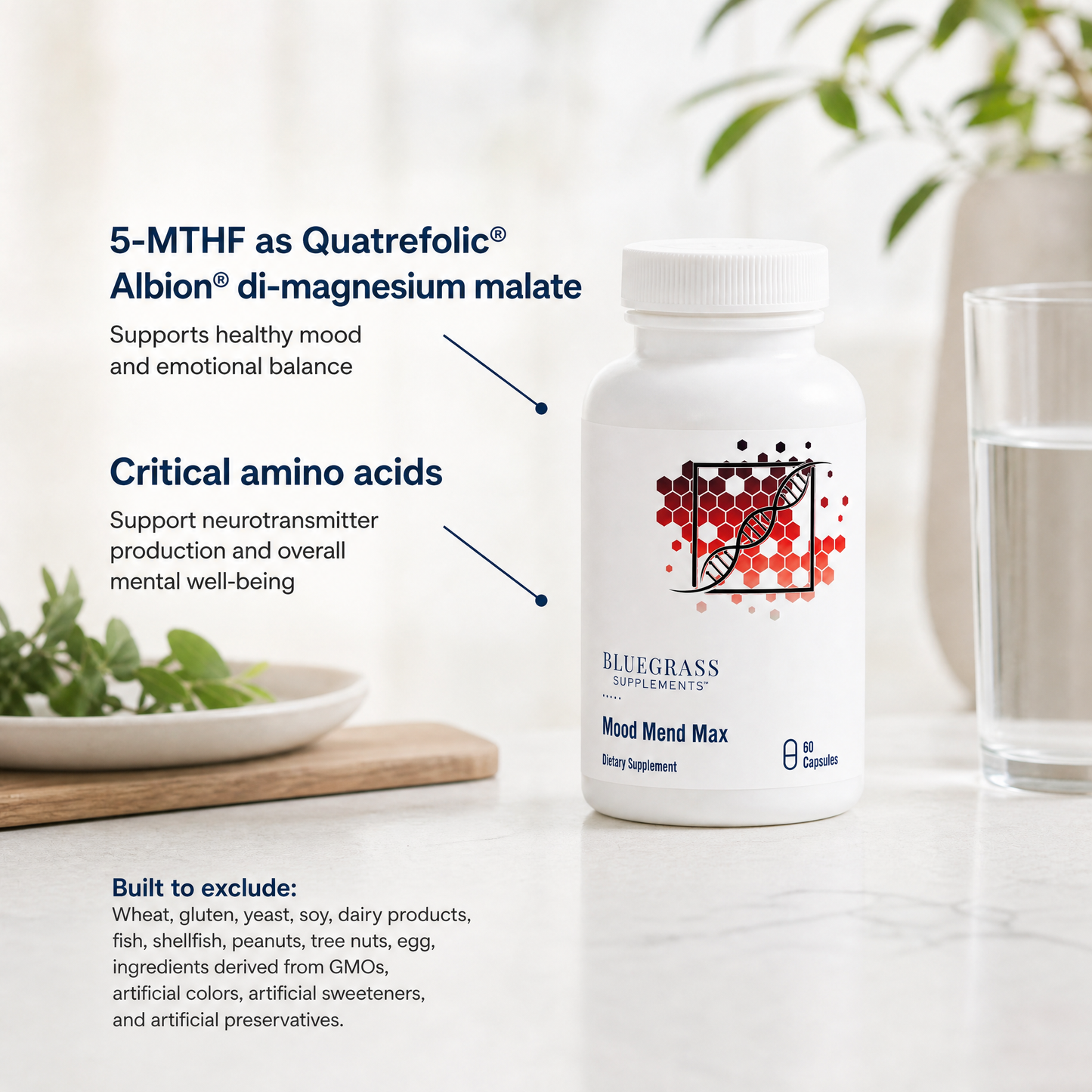 Supplement bottle labeled 'Mood Mend Max' by Bluegrass Supplements on a light surface with text about supplement benefits.