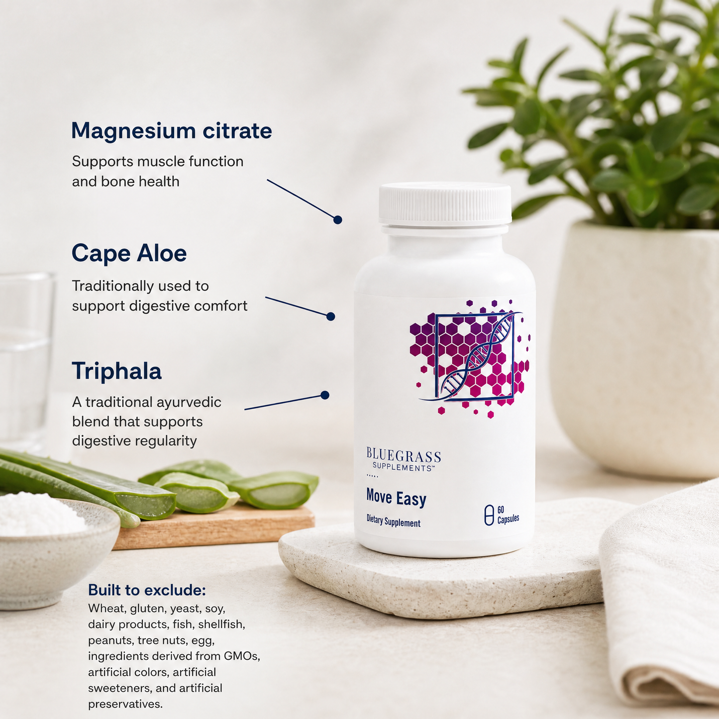 Supplement bottle labeled 'Move Easy' with ingredients listed on a neutral background