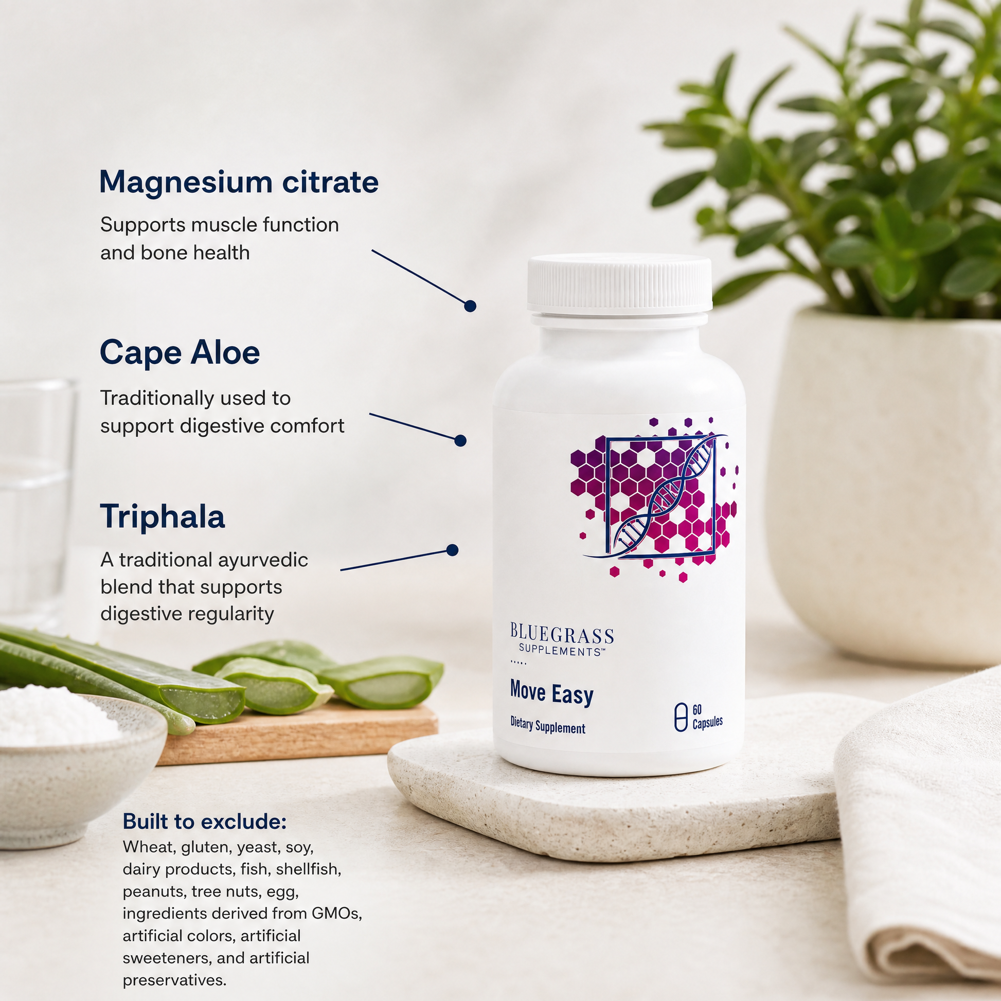 Supplement bottle labeled 'Move Easy' with ingredients listed on a neutral background