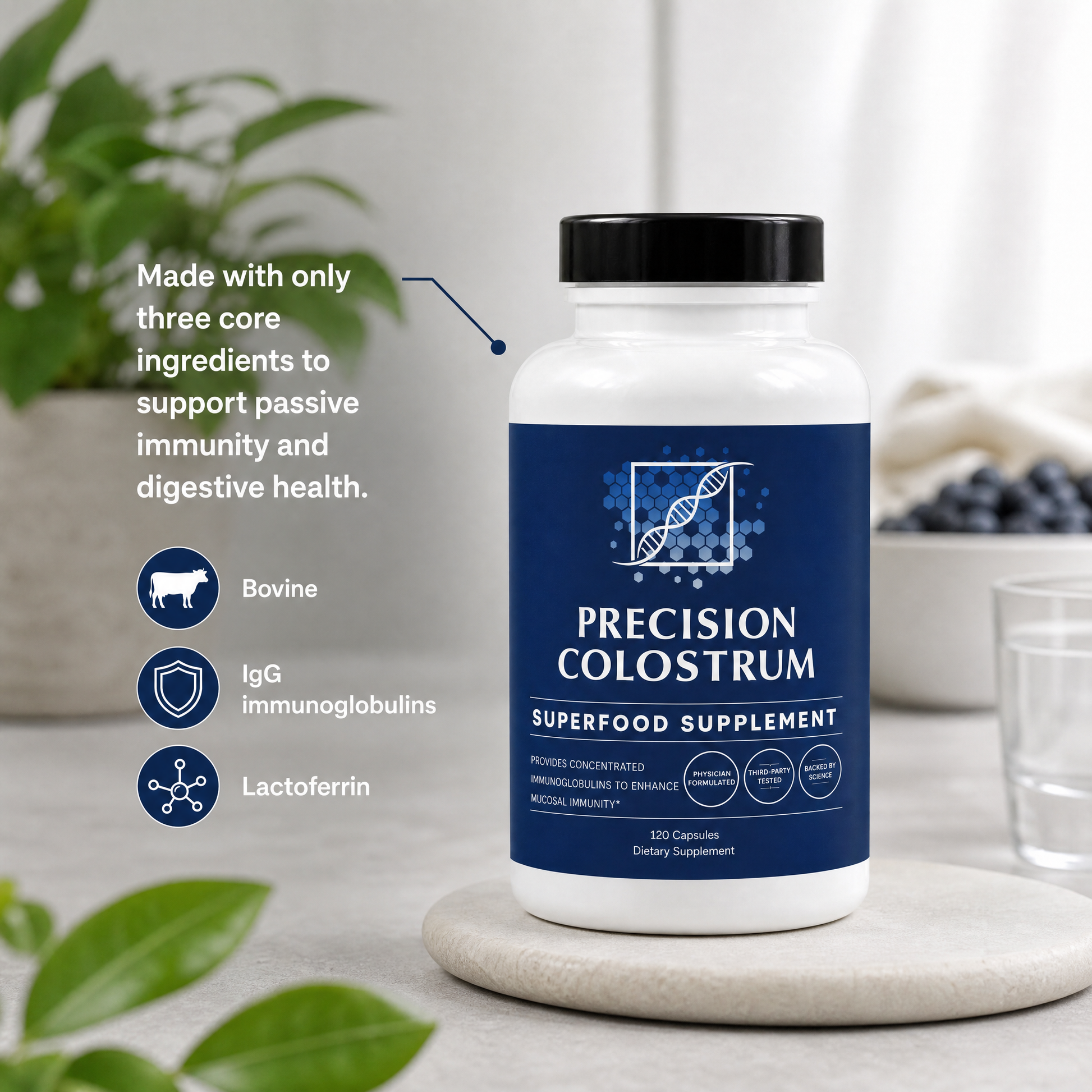 Supplement bottle labeled 'Precision Colostrum' on a surface with plants and a bowl in the background.