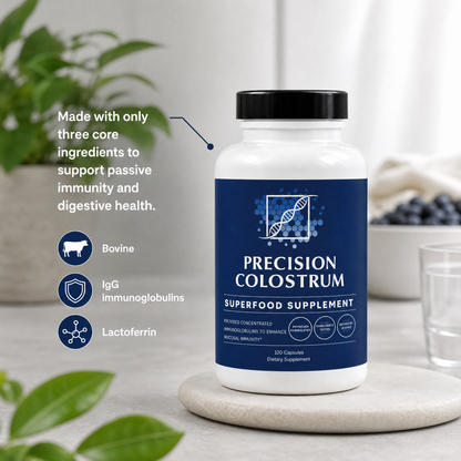 Supplement bottle labeled 'Precision Colostrum' on a surface with plants and a bowl in the background.