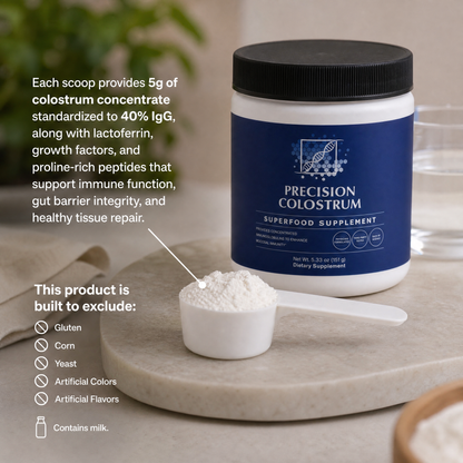 Precision Colostrum supplement jar with scoop of powder on a neutral background
