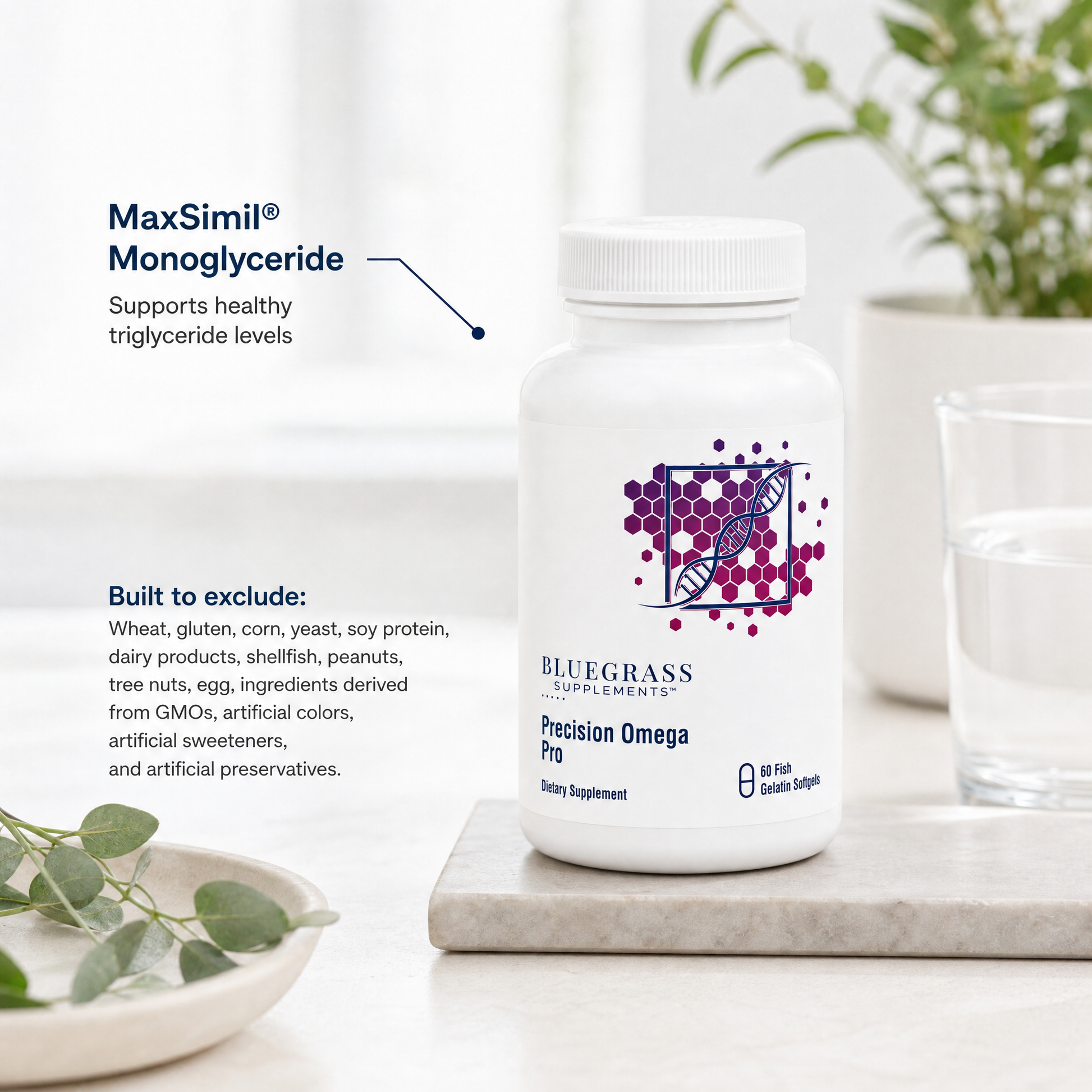 Bluegrass Supplements Precision Omega Pro bottle on a white surface with text about MaxSimil Monoglyceride.