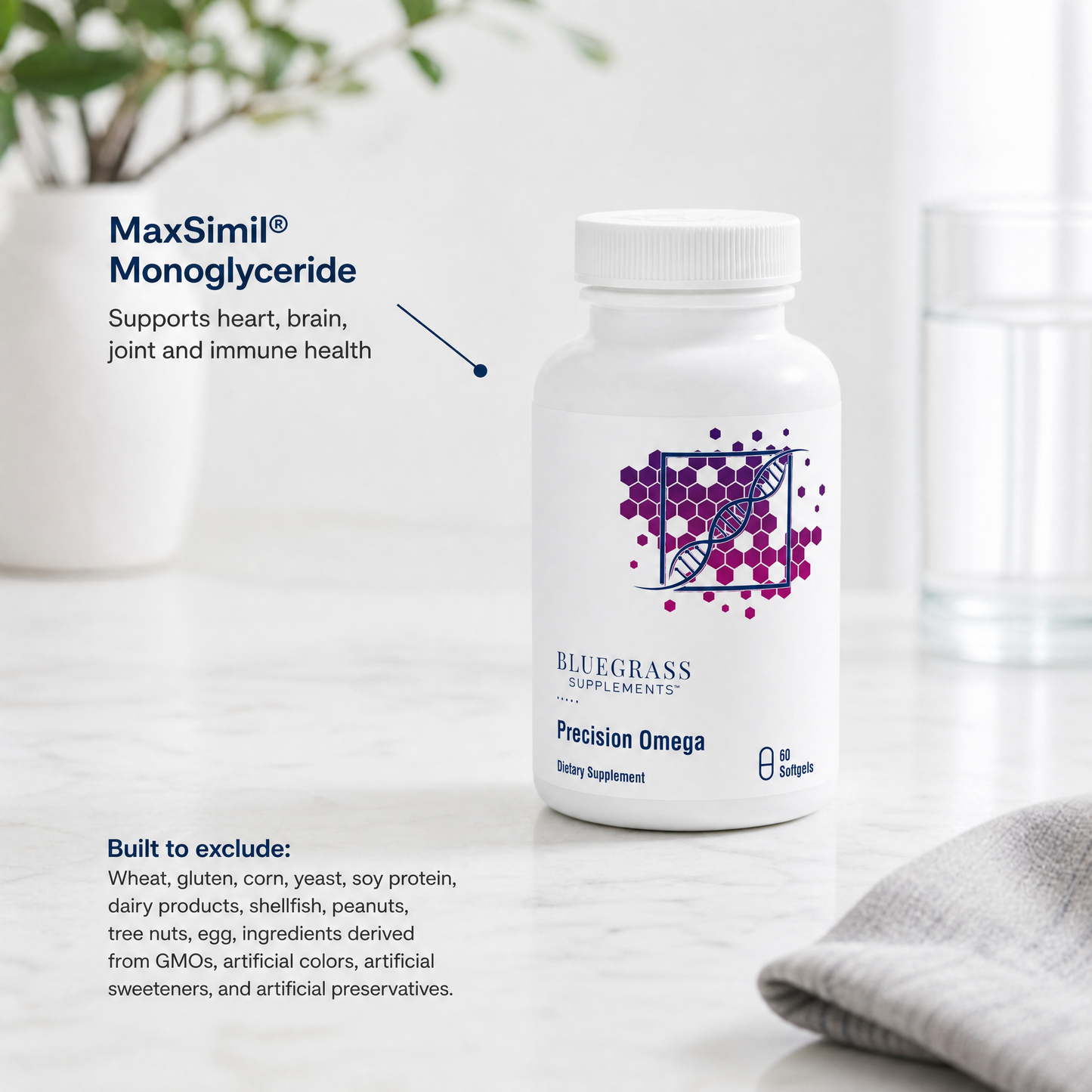 Supplement bottle labeled 'Bluegrass Supplements' on a light surface with text about product features.