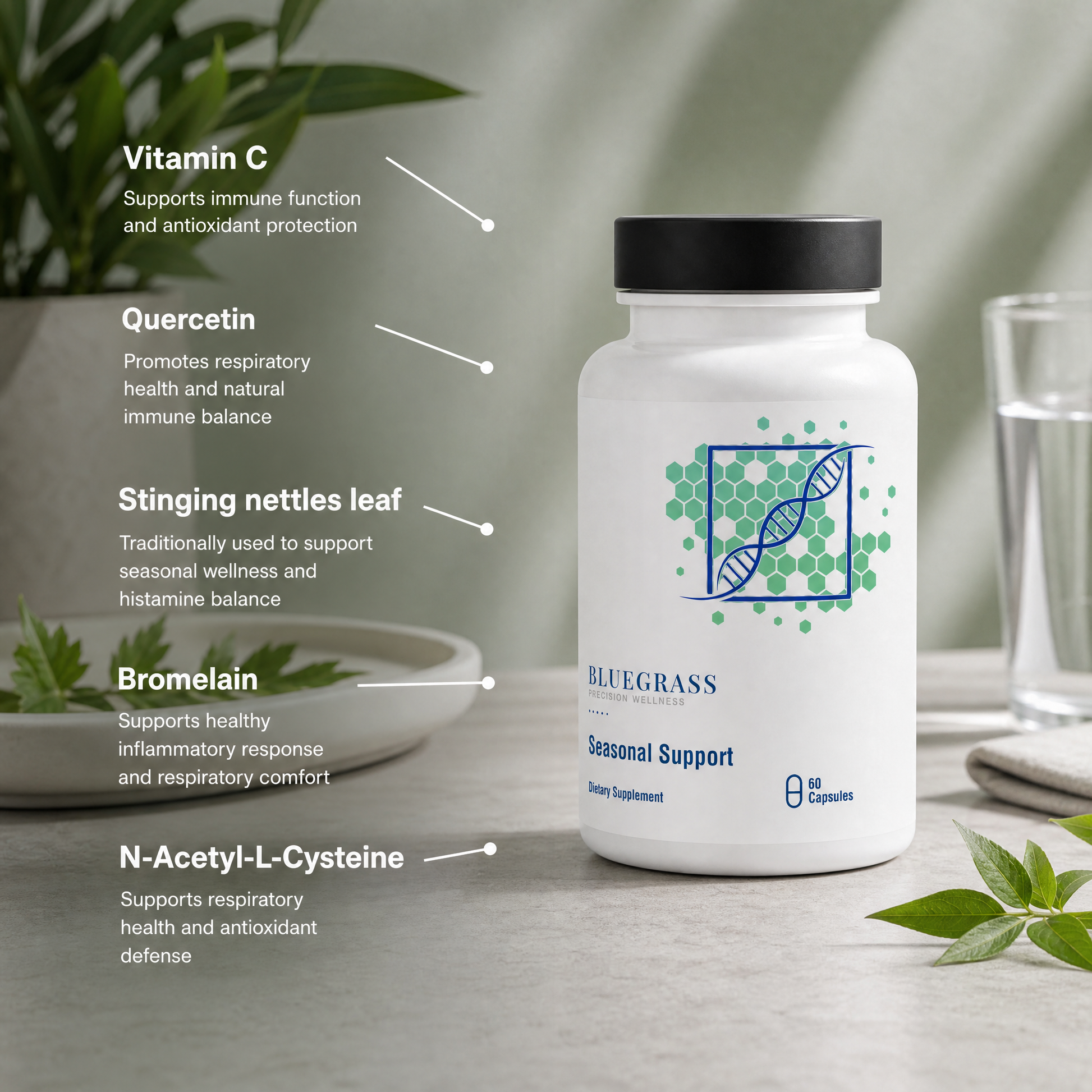 Supplement bottle labeled 'Bluegrass' with health benefits listed on a neutral background