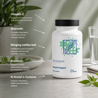 Supplement bottle labeled 'Bluegrass' with health benefits listed on a neutral background