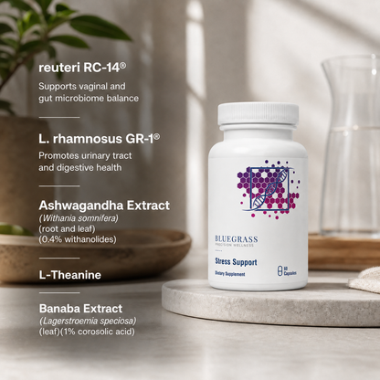 Supplement bottle labeled 'Bluegrass' with health benefits listed on a neutral background