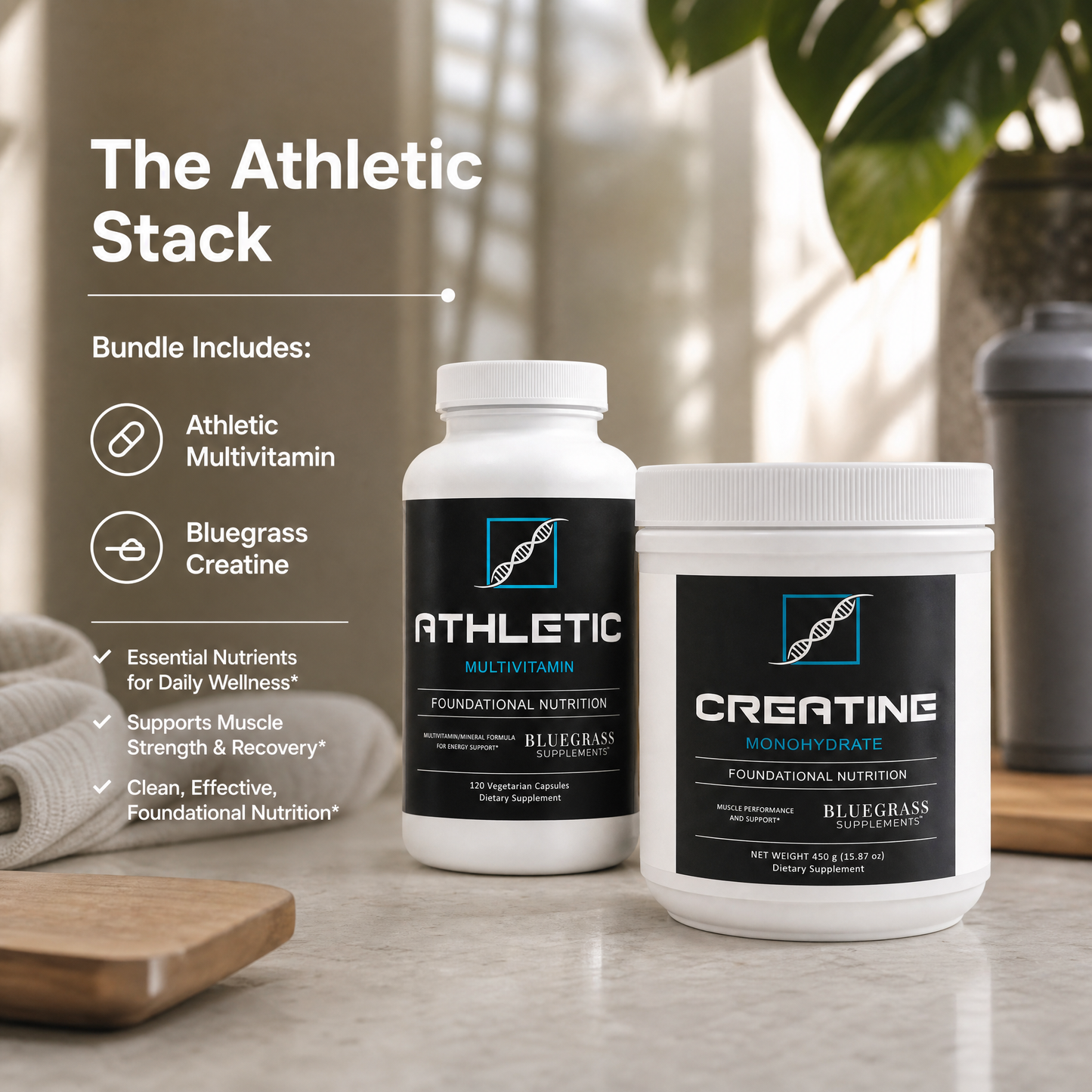 Two supplement containers labeled 'Athletic Multivitamin' and 'Bluegrass Creatine' on a surface with a neutral background.